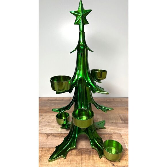 Metallic Green Christmas Tree Tealight Holder With Star Holds 6 Candles Heavy - Picture 2 of 6